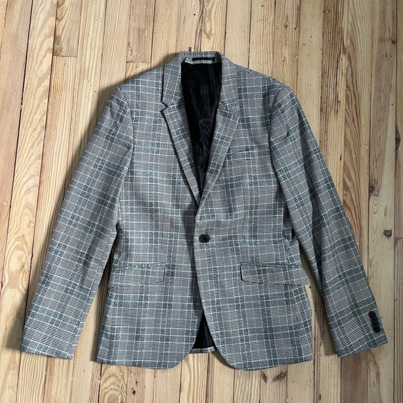 Topman Other - Topman Mens Gray Plaid Slim Fit Blazer Jacket 38R One Button Black‎ White Gray